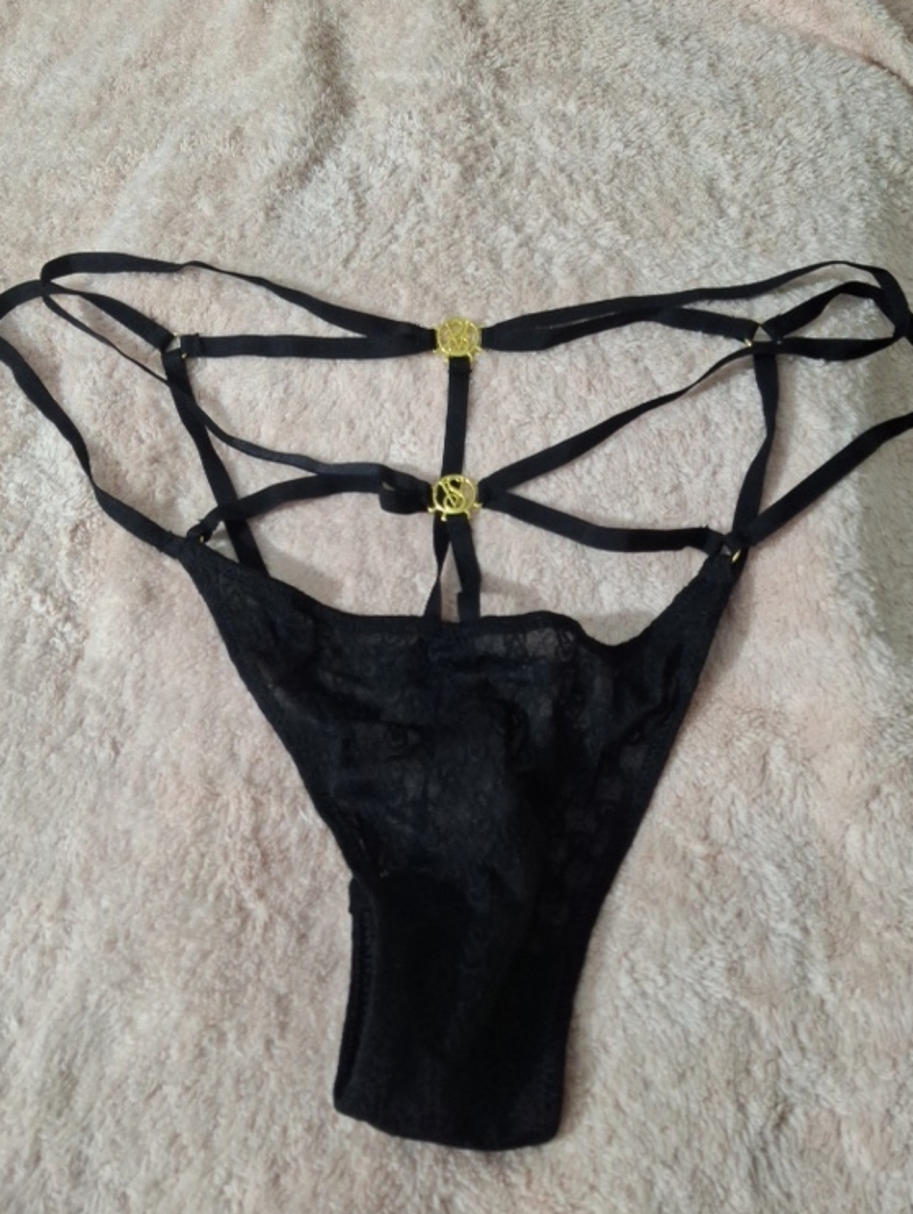 Victoria's Secret Black Strappy Lace Thong with Gold Accents